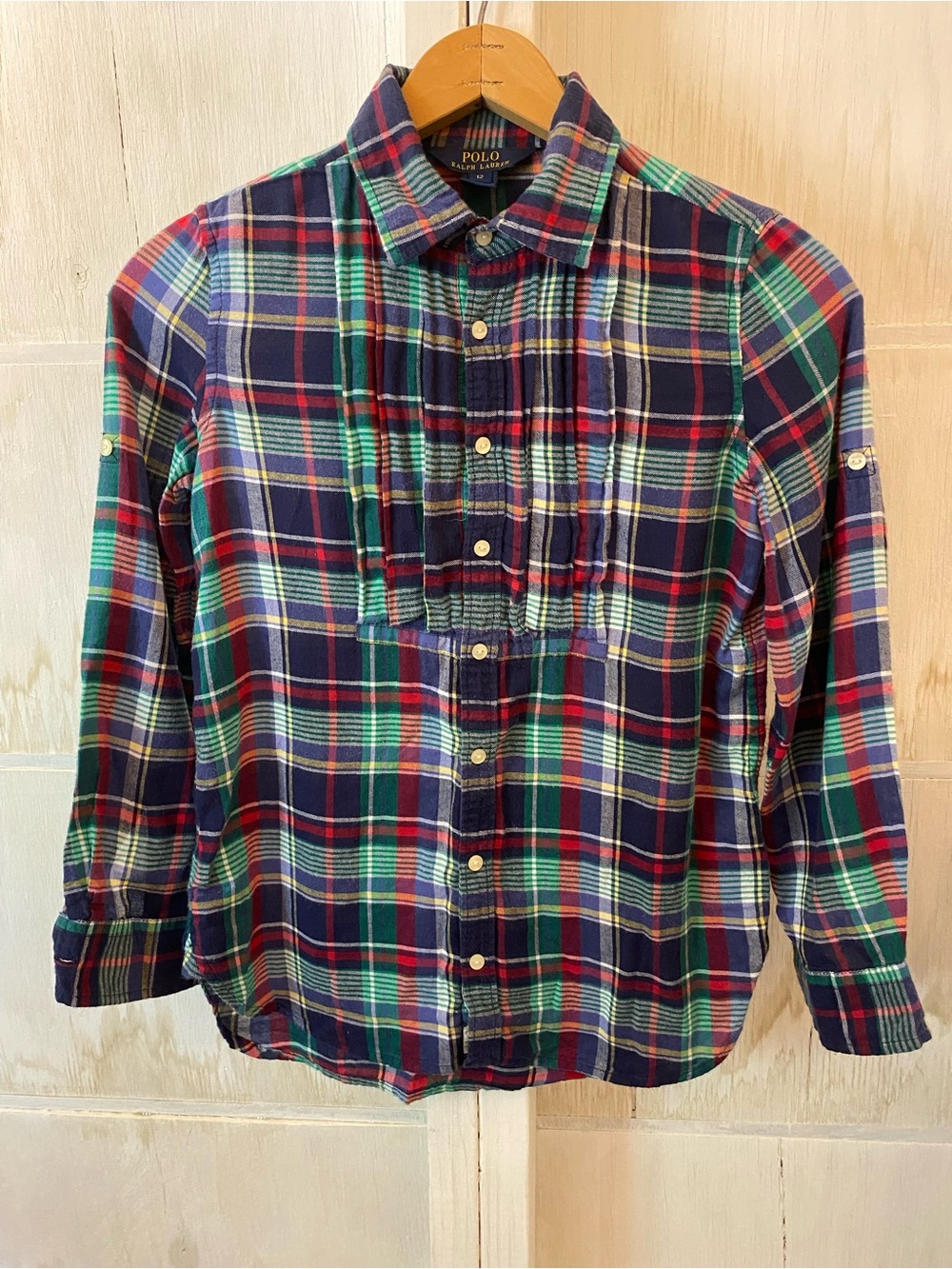 Polo by Ralph Lauren Girls 12 Navy Green Red Plaid Pin Tuck Button-Down Shirt